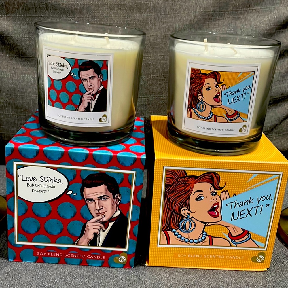 Huntington Home Pop Art Soy Candle set of 2 Love Stinks, Thank you Next